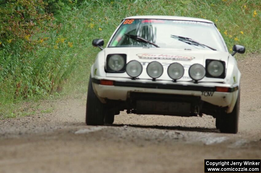 Mike Halley / Jimmy Brandt Mazda RX7 GSL-SE at speed on SS9, Sawmill Lake.