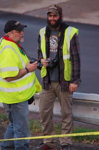 Tom Buchkoe and Gabe Weiss take a break from photographic duties between cars.