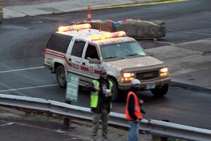 Paul Ahles' GMC Truck working med sweep after SS15 (Lakeshore Drive).