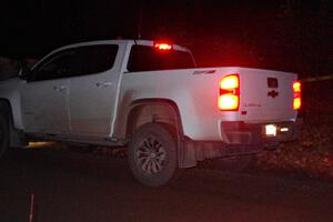 A Chevy Siverado sweep truck clears SS4 (Far Point I).