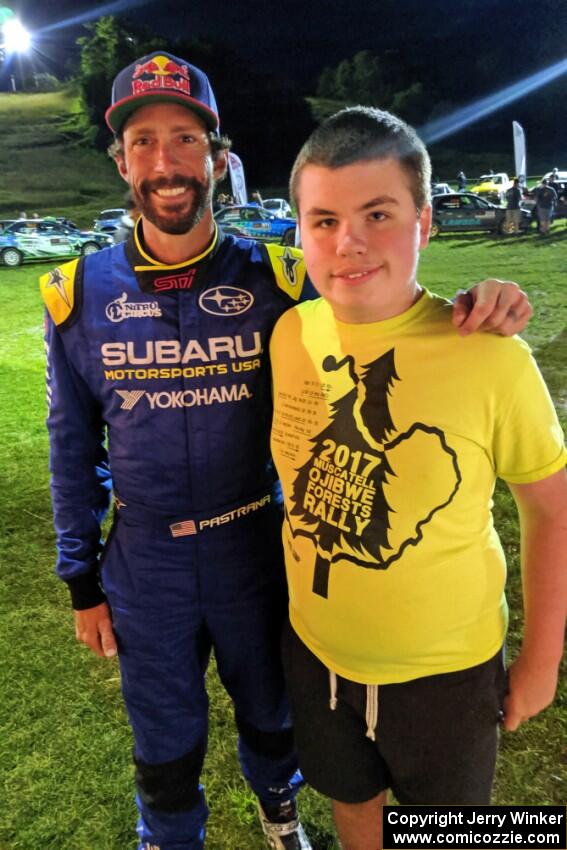 Travis Pastrana and a young fan David Higgins / Craig Drew Subaru WRX STi  at Thursday night's parc expose.