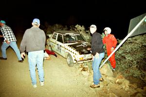 Dave Coleman / Paul Timmerman Datsun 510 gets pulled off of a sign on SS1, Mayer South.