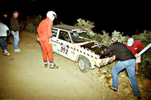 Dave Coleman / Paul Timmerman Datsun 510 gets pulled off of a sign on SS1, Mayer South.