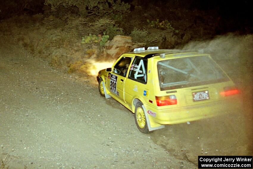 Andrew Grady / Bill Culbertson Toyota Corolla FX-16 a spilt second before hitting a rock on SS1, Mayer South.