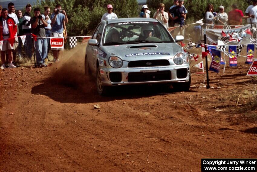 Wyeth Gubelmann / Therin Pace Subaru WRX at the spectator location on Limestone North, SS8.