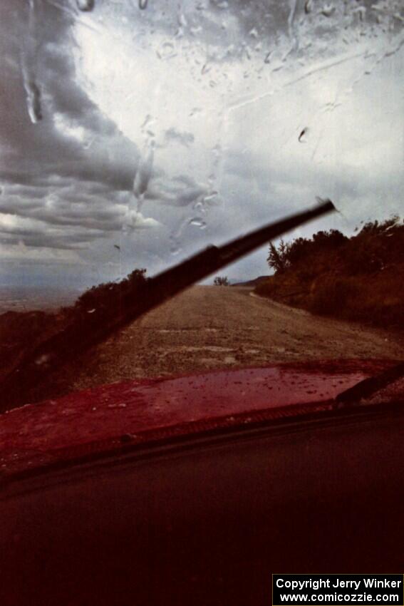 Rain falls heavily on the way to the First View North stage (SS11) just outside of Jerome, AZ.