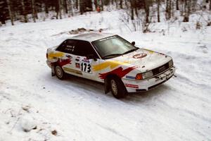 Patrick Lilly / Eoin McGeough Audi 80 Quattro at a sharp corner on SS1, Hardwood Hills Rd.