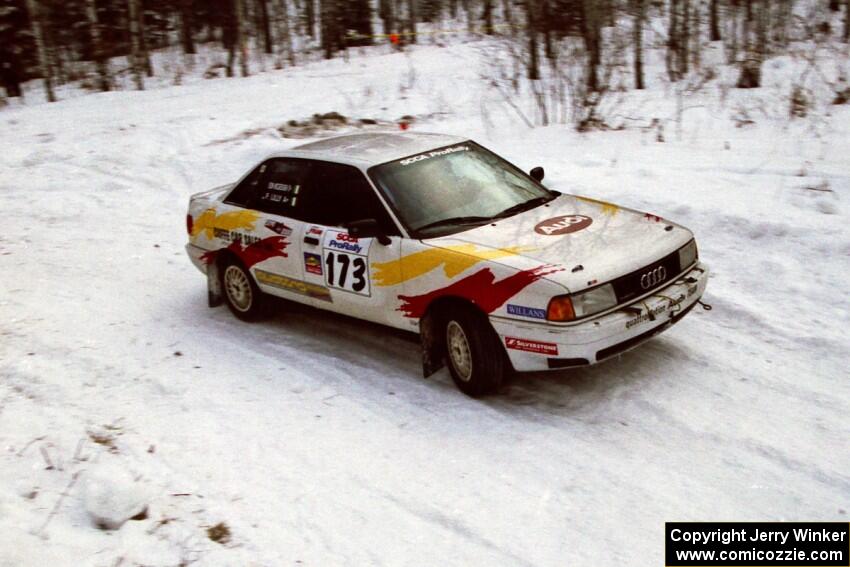 Patrick Lilly / Eoin McGeough Audi 80 Quattro at a sharp corner on SS1, Hardwood Hills Rd.