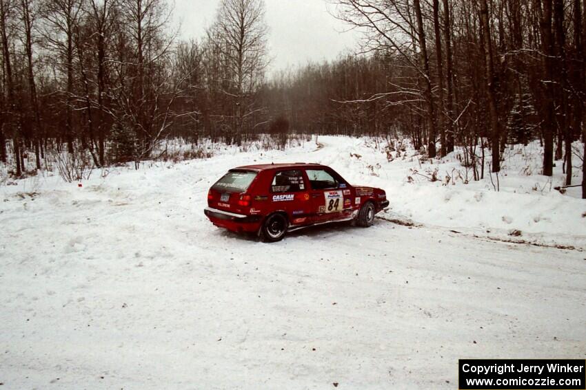 J.B. Niday / Al Kintigh VW GTI gets turned around at a sharp corner on SS1, Hardwood Hills Rd.