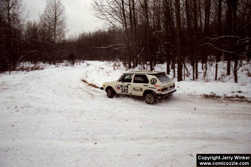 Jon Hamilton / Josh Westhoven VW Rabbit at a sharp corner on SS1, Hardwood Hills Rd.