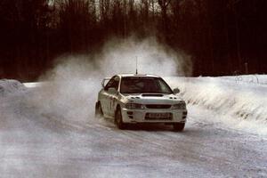 Karl Scheible / Brian Maxwell Subaru WRX STi at speed on SS4, Avery Lake.