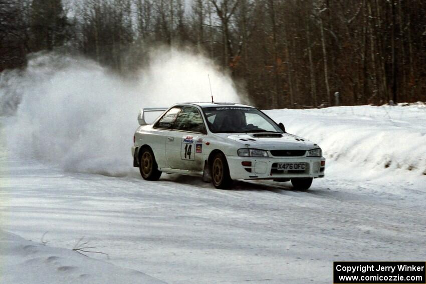 Mark Lovell / Steve Turvey Subaru WRX STi at speed on SS4, Avery Lake.