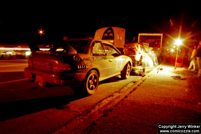 (48) Lon Peterson / Bill Gutzmann and (50) Steve Gingras / Bill Westrick Subaru Impreza 2.5RSs at Kenton service.