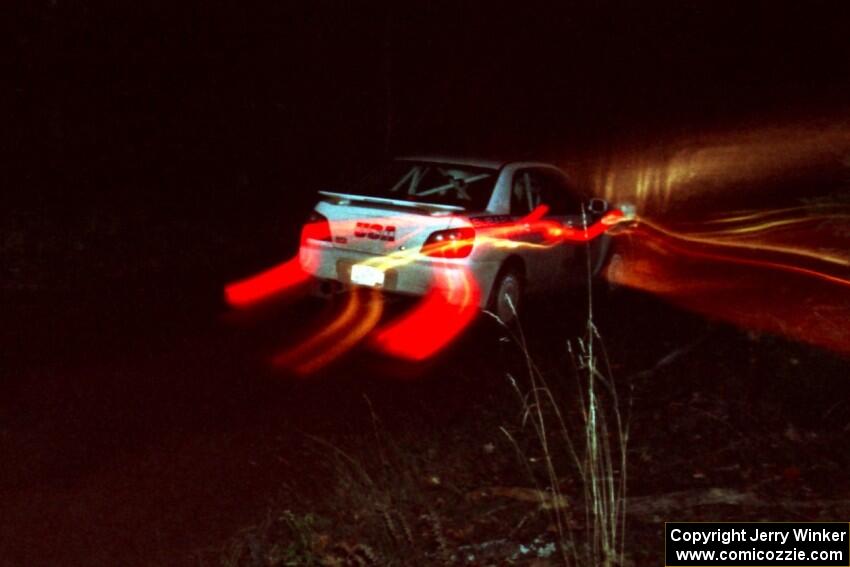 Jason Rivas / Ole Holter Subaru WRX at speed near the finish of SS6, Passmore II.