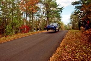 Mark Lovell / Steve Turvey Subaru WRX STi catches air at the midpoint jump on SS16, Brockway Mt.