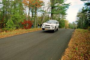 Pat Richard / Ben Bradley Subaru WRX STi catches air at the midpoint jump on SS16, Brockway Mt.