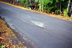 Mark Nelson / Alex Gelsomino Mitsubishi Lancer Evo VI left a huge mark in the pavement after landing on SS16, Brockway Mt.