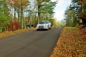 Jason Rivas / Ole Holter Subaru WRX at the midpoint jump on SS16, Brockway Mt.