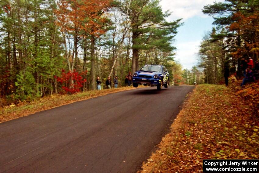 Mark Lovell / Steve Turvey Subaru WRX STi catches air at the midpoint jump on SS16, Brockway Mt.