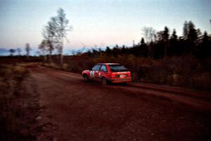 Gail Truess / Pam McGarvey Mazda 323GTX near the finish of SS19, Gratiot Lake II.