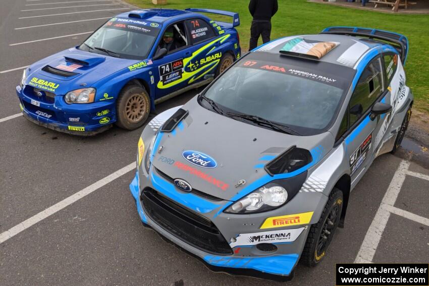 Barry McKenna / Andrew Hayes Ford Fiesta and Ramana Lagemann / Nathalie Richard Subaru WRX STi at Saturday morning's parc expose