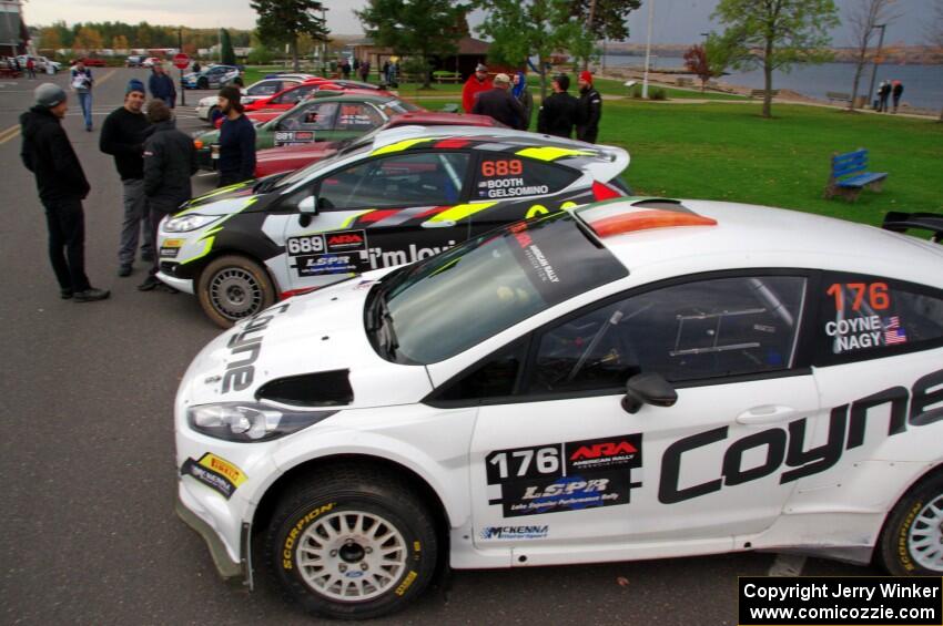 John Coyne / Doug Nagy Ford Fiesta RS and Ryan Booth / Rhianon Gelsomino Ford Fiesta R2T at Saturday morning's parc expose.