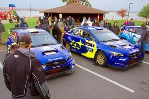 Oliver Solberg / Aaron Johnston and David Higgins / Craig Drew Subaru WRX STis at Saturday morning's parc expose.