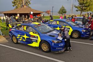 Oliver Solberg / Aaron Johnston and David Higgins / Craig Drew Subaru WRX STis at Saturday morning's parc expose.