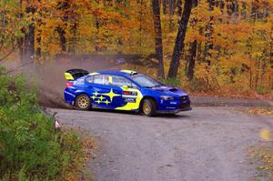 Oliver Solberg / Aaron Johnston Subaru WRX STi slides to a stop at the spectator point on SS9, Arvon-Silver I.