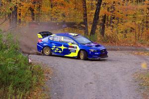 Oliver Solberg / Aaron Johnston Subaru WRX STi slides to a stop at the spectator point on SS9, Arvon-Silver I.