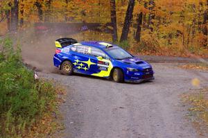 Oliver Solberg / Aaron Johnston Subaru WRX STi slides to a stop at the spectator point on SS9, Arvon-Silver I.