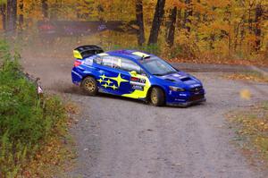 Oliver Solberg / Aaron Johnston Subaru WRX STi slides to a stop at the spectator point on SS9, Arvon-Silver I.