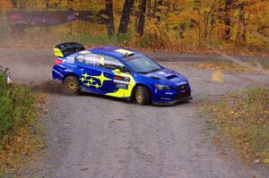 Oliver Solberg / Aaron Johnston Subaru WRX STi slides to a stop at the spectator point on SS9, Arvon-Silver I.