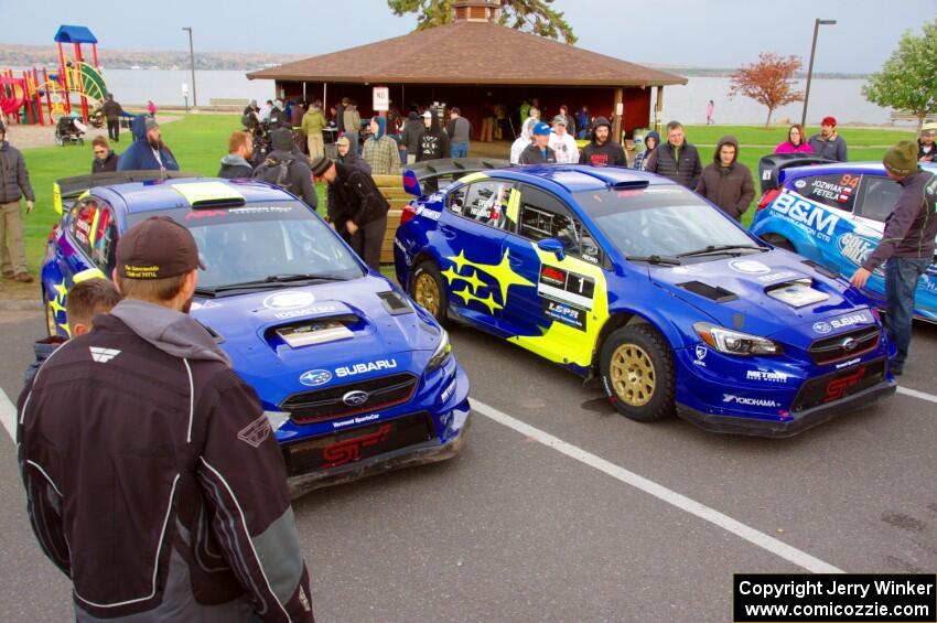 Oliver Solberg / Aaron Johnston and David Higgins / Craig Drew Subaru WRX STis at Saturday morning's parc expose.