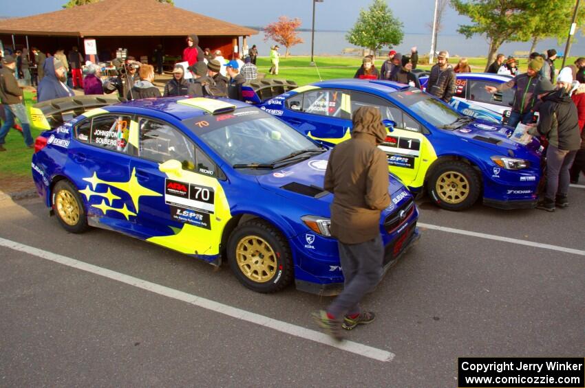 Oliver Solberg / Aaron Johnston and David Higgins / Craig Drew Subaru WRX STis at Saturday morning's parc expose.