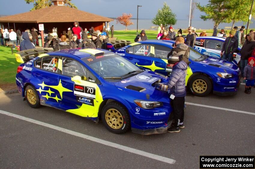 Oliver Solberg / Aaron Johnston and David Higgins / Craig Drew Subaru WRX STis at Saturday morning's parc expose.