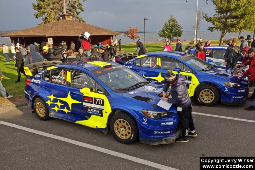 Oliver Solberg / Aaron Johnston and David Higgins / Craig Drew Subaru WRX STis at Saturday morning's parc expose.