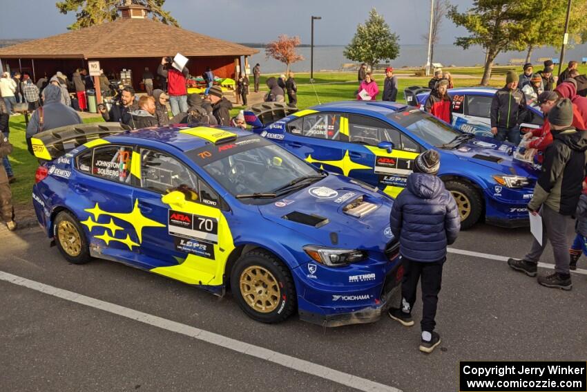 Oliver Solberg / Aaron Johnston and David Higgins / Craig Drew Subaru WRX STis at Saturday morning's parc expose.