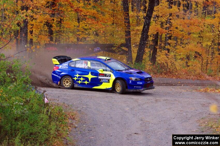 Oliver Solberg / Aaron Johnston Subaru WRX STi slides to a stop at the spectator point on SS9, Arvon-Silver I.