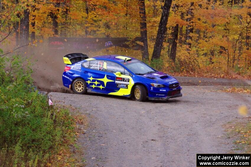 Oliver Solberg / Aaron Johnston Subaru WRX STi slides to a stop at the spectator point on SS9, Arvon-Silver I.