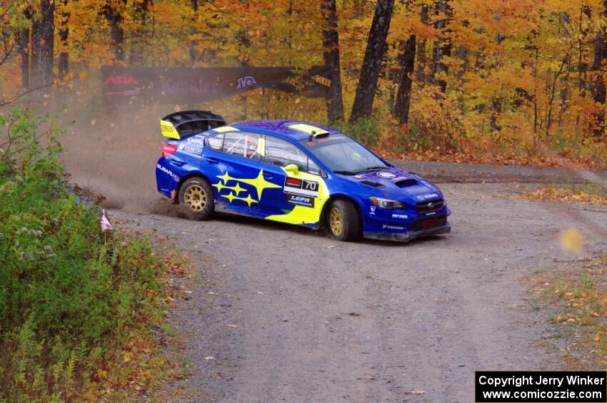 Oliver Solberg / Aaron Johnston Subaru WRX STi slides to a stop at the spectator point on SS9, Arvon-Silver I.