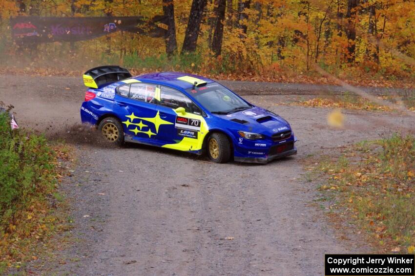 Oliver Solberg / Aaron Johnston Subaru WRX STi slides to a stop at the spectator point on SS9, Arvon-Silver I.