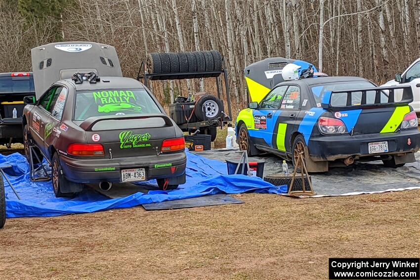 Jordan Locher / Tom Addison Subaru Impreza and Colin Gleason / Mason Klimek Subaru Impreza 2.5RS before the start of the event.