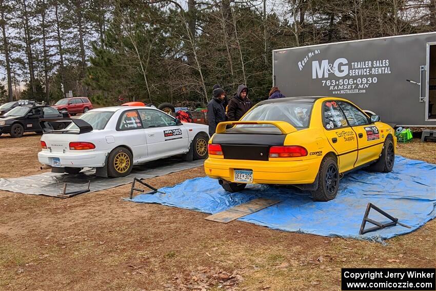 Richard Donovan / Greg Donovan Subaru Impreza and Steve Gingras / Katie Gingras Subaru Impreza before the start of the event.