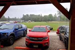 The rain falls hard a few hours prior to the start of the rally.