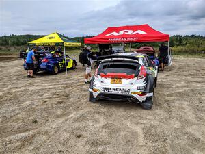 Brandon Semenuk / John Hall Subaru WRX STi and Ryan Booth / Nick Dobbs Ford Fiesta R5 heads through tech before the start.