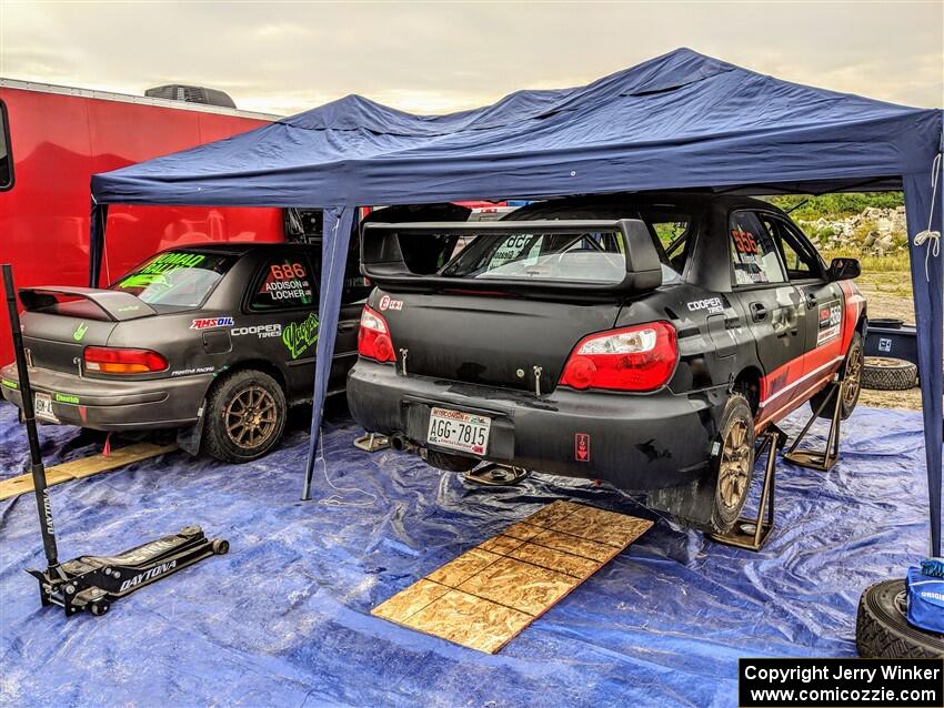 Jordan Locher / Tom Addison Subaru Impreza 2.5RS and Colin Gleason / Mason Klimek Subaru Impreza 2.5RS  before the start.