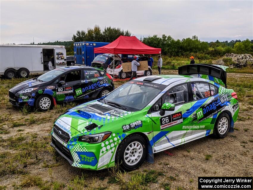 Ryan Sanders / Oliver Smith Ford Fiesta ST and Rob Sanders / Boyd Smith Subaru WRX STi before the start.