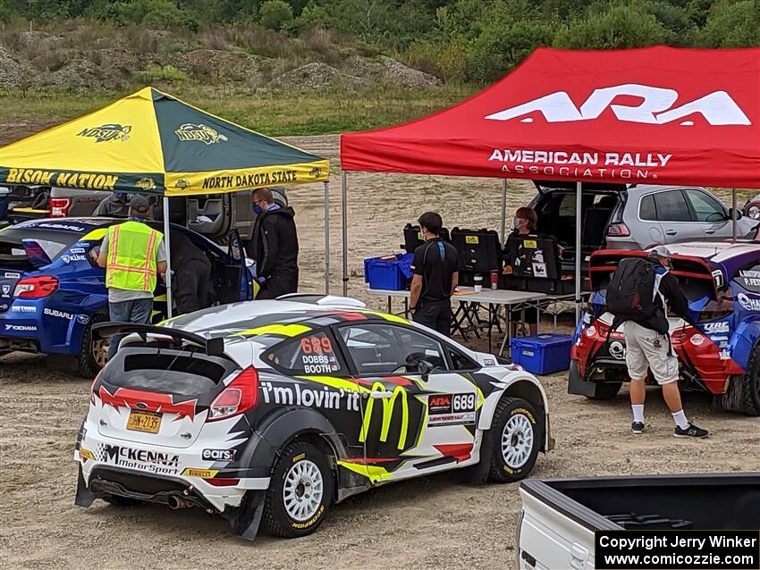 Ryan Booth / Nick Dobbs Ford Fiesta R5 and Piotr Fetela / Aris Mantopoulos Ford Fiesta Proto head into tech before the start.