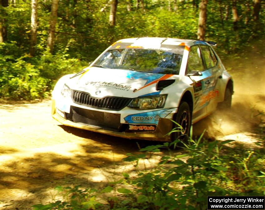 Barry McKenna / Leon Jordan Skoda Fabia at speed on SS10, Strawberrry Mountain II.
